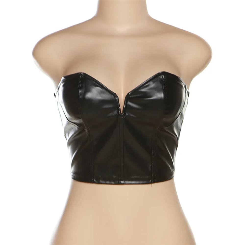 Women Black PU Leather 2 Piece Set Off Shoulder Crop Top